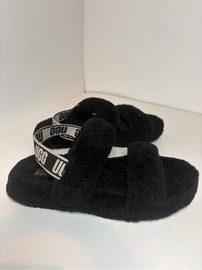 UGG Black Fluffy Oh Yeah Strap Slide Sandal Slippers Size 8
